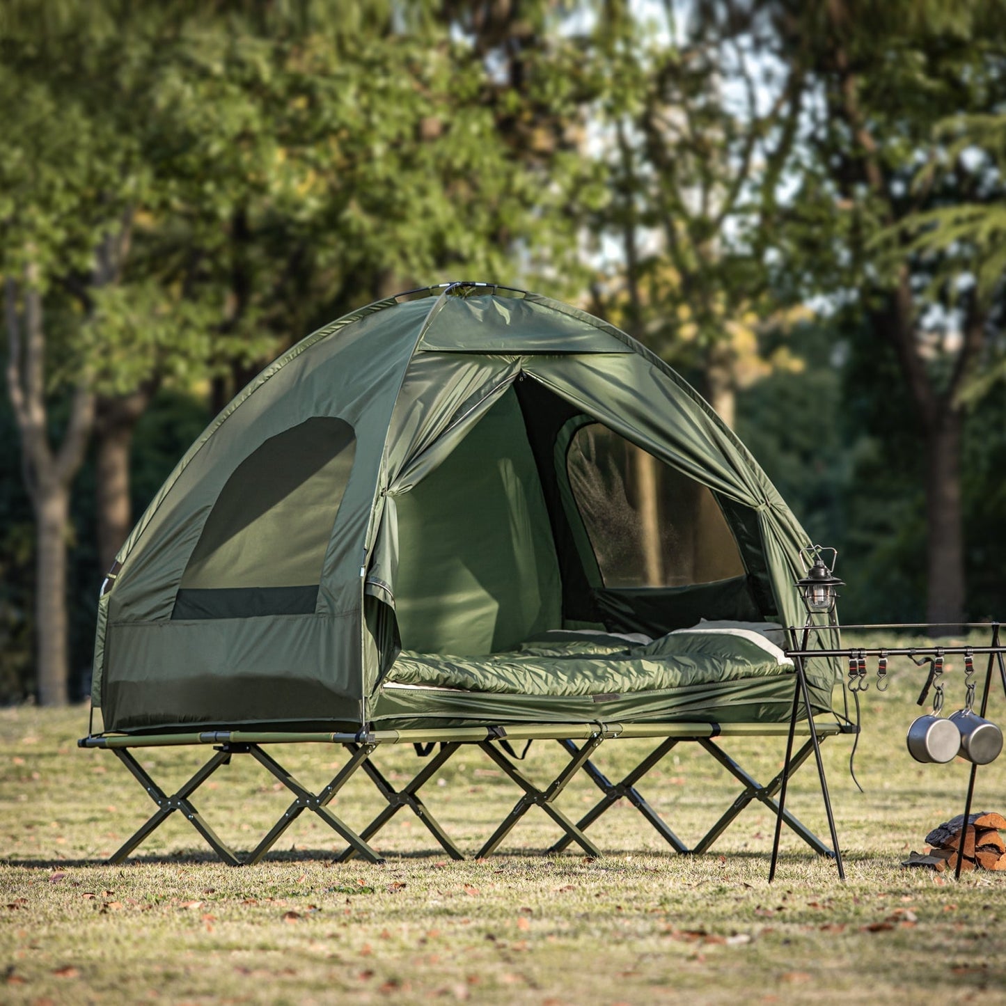 SoBuy – Campingbed Met Tent 2 Personen – 193 x 145 x 188 cm & 7-In-1 Set – Inclusief Luchtbed Schlafsäcken En Voetpomp – Voor Outdoor En Festivals – Groen Polyester En Metaal