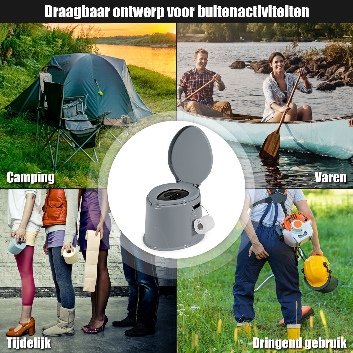Coast Draagbare Toiletpot voor op Reis - Uitneembare Binnenemmer - Toiletpapierhouder - 41 x 49 x 34 cm - Grijs