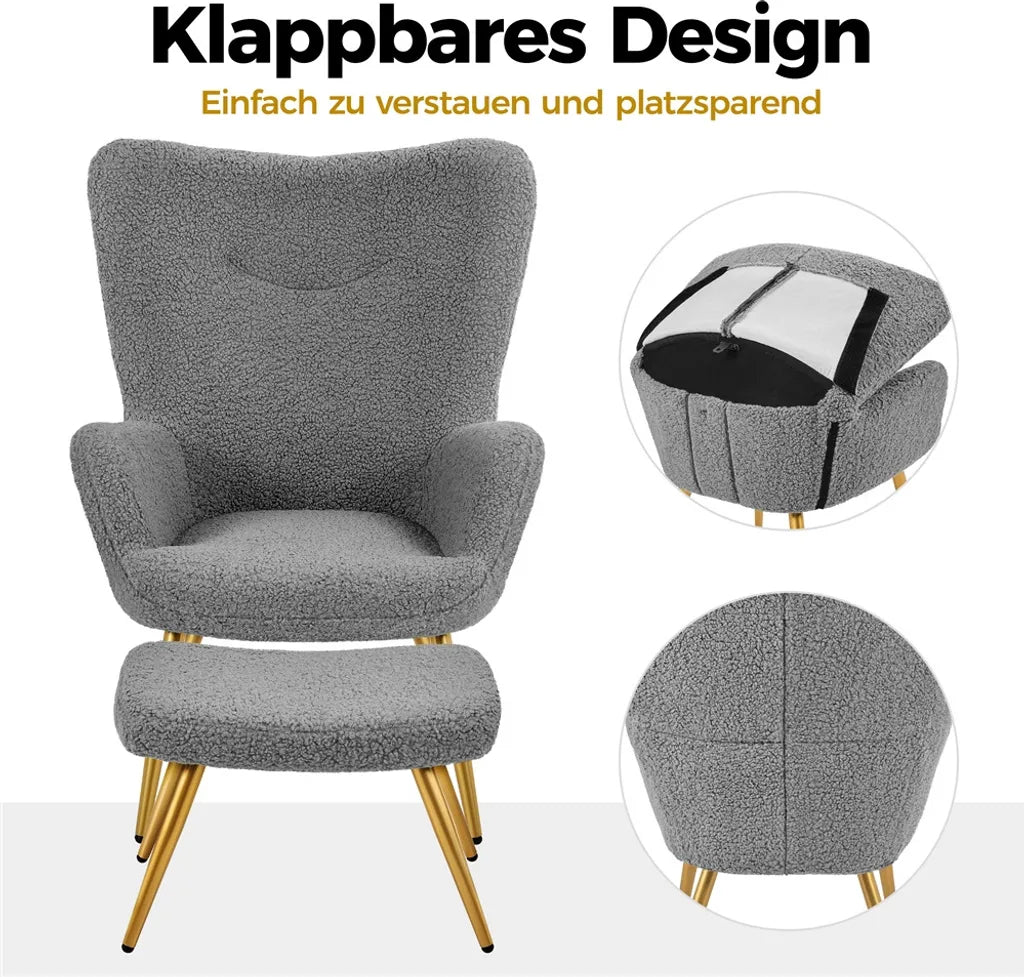 Yaheetech Wingback Stoel - Voetenbank - 70 x 67,5 x 97,5 cm – Grijs