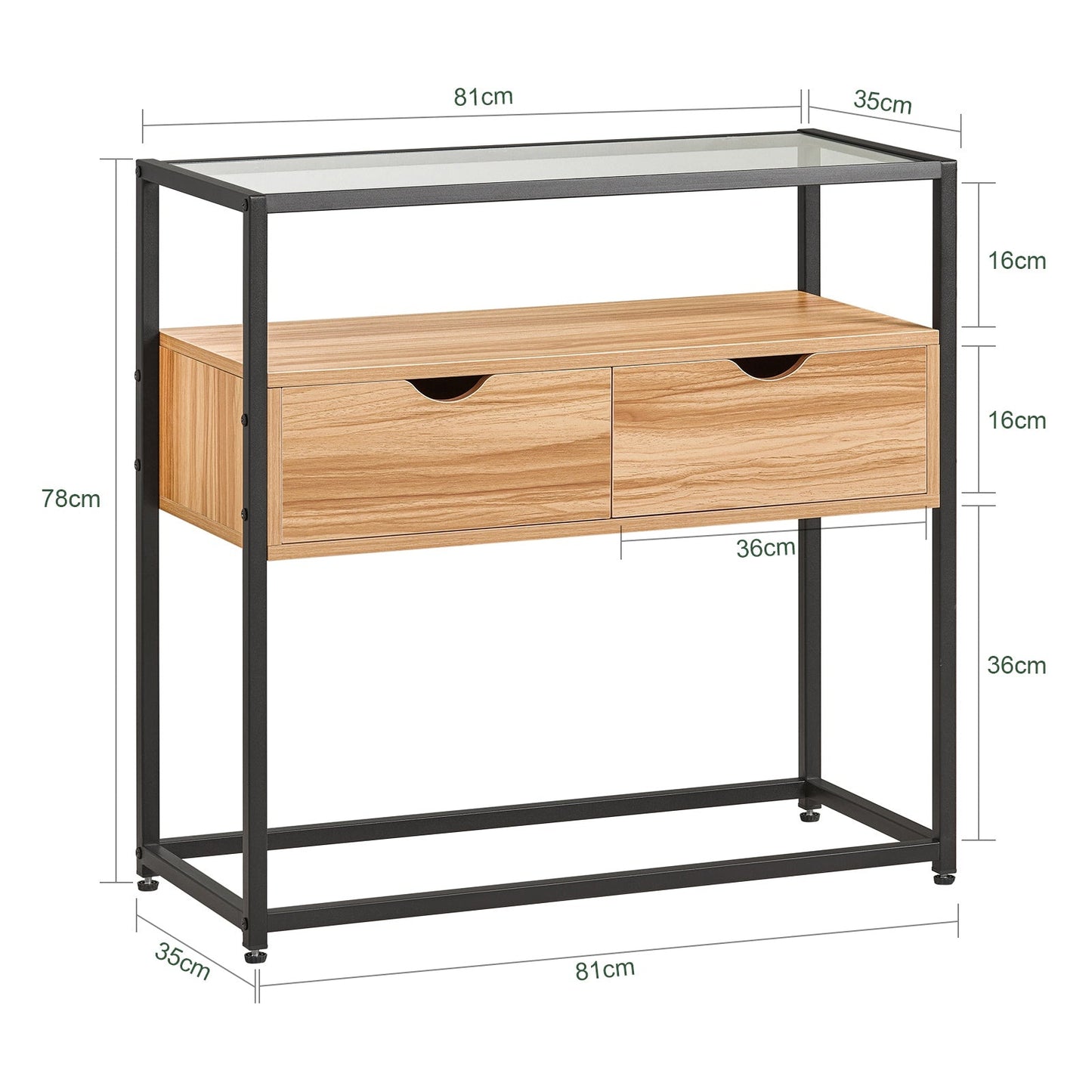SoBuy Bijzettafel met Glazen plaat - Met 2 Lades - 81 x 35 x 78 cm - Hout/ Ijzer