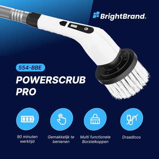 Brightbrand PowerScrub Pro - Elektrische schoonmaakborstel - Schrobborstel - Voor Badkamer en Keuken - Reiniger - Schrobber Met Steel – Luiwagen – Polijstmachine - poetsmachine met 10 opzetstukken