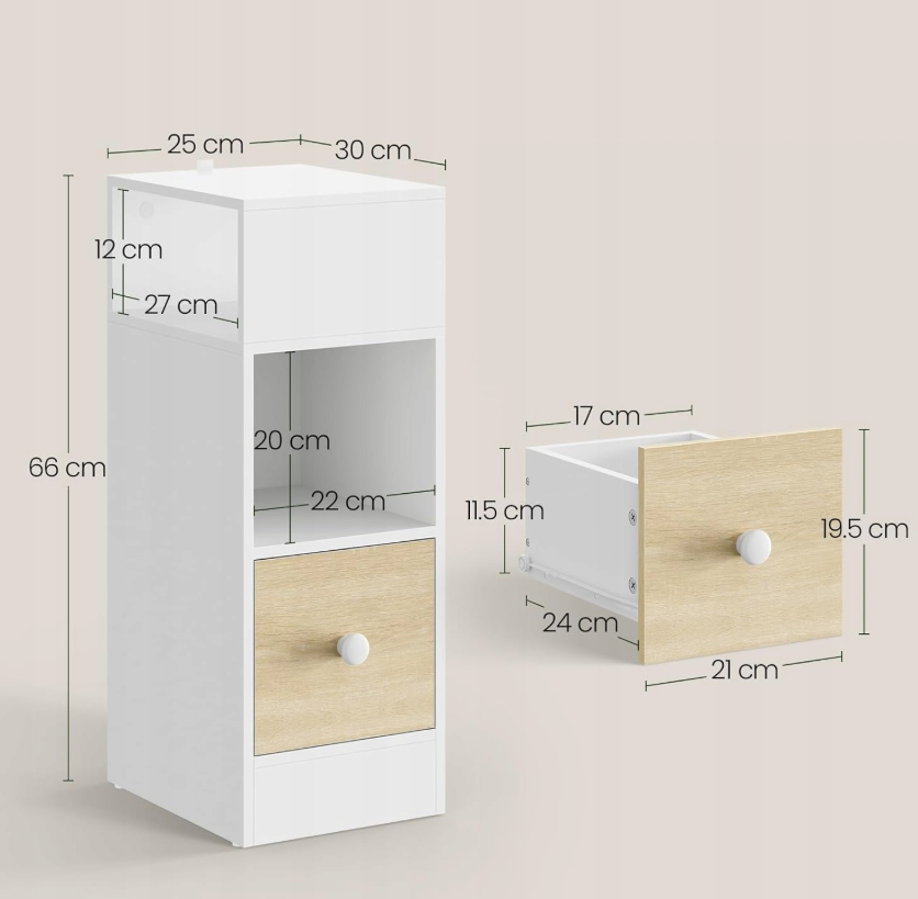 Woltu Nachtkastje met Lade en Planken - Wit/Eikenhout - 30 x 25 x 66 cm