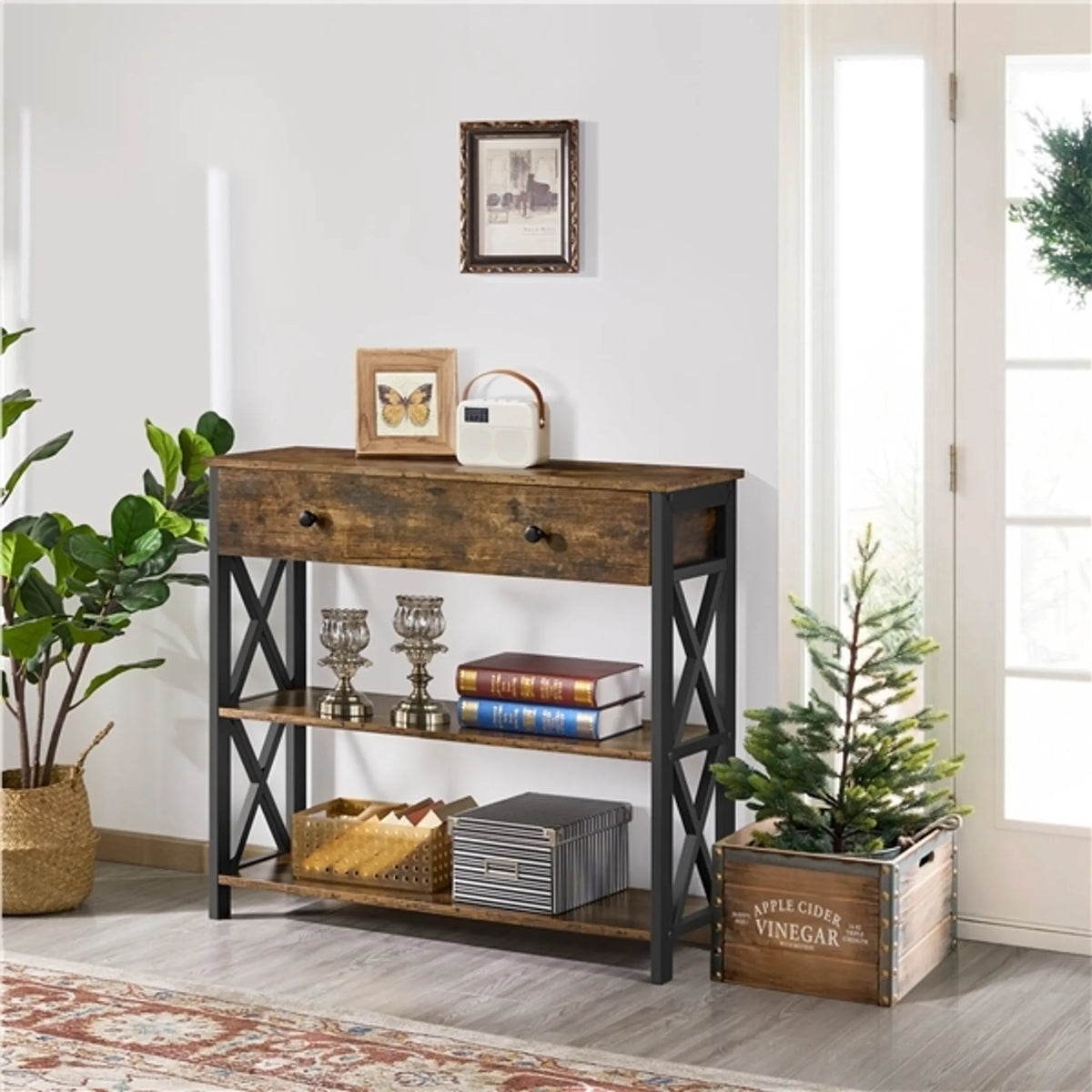 Yaheetech Smalle consoletafel met lade en 2 planken - 80 x 29,5 x 81 cm - Roestbruin