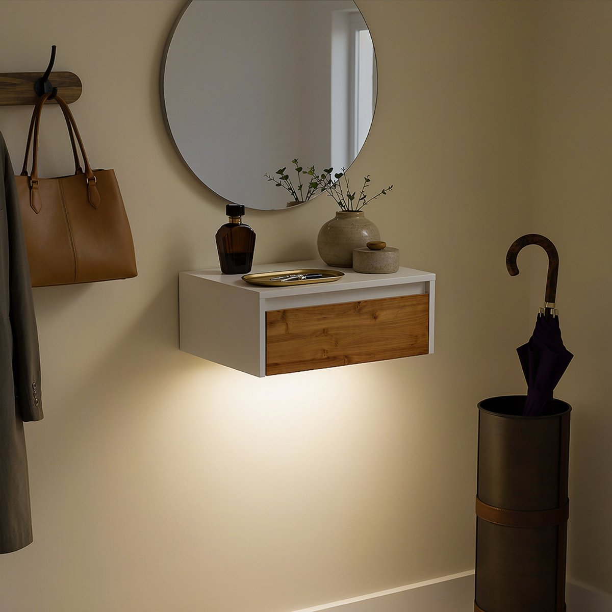 SoBuy Zwevend Nachtkastje met LED-verlichting - 1 Lade - Wit - 29x40x15 cm