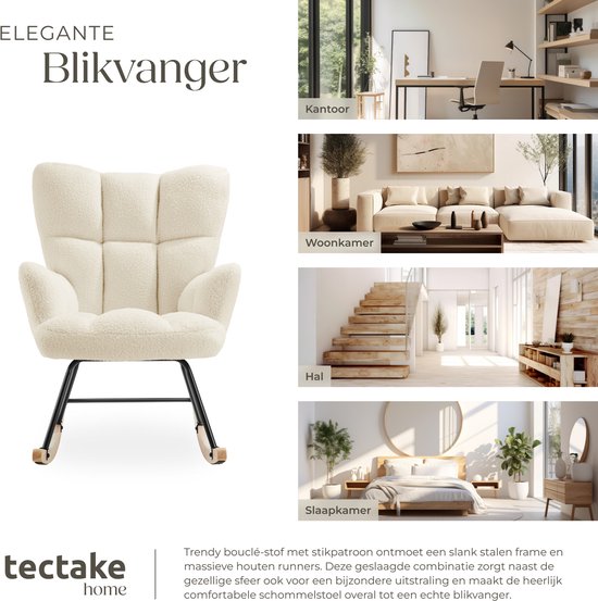 tectake® Schommelstoel Torve - Gestoffeerde Bouclé-Stof Schommelstoel in Scandi-Stijl - Relaxstoel met Houten Glijders, Zachte Bekleding en Hoge Rugleuning voor Optimaal Comfort - 70 x 96 x 97 cm - Beige