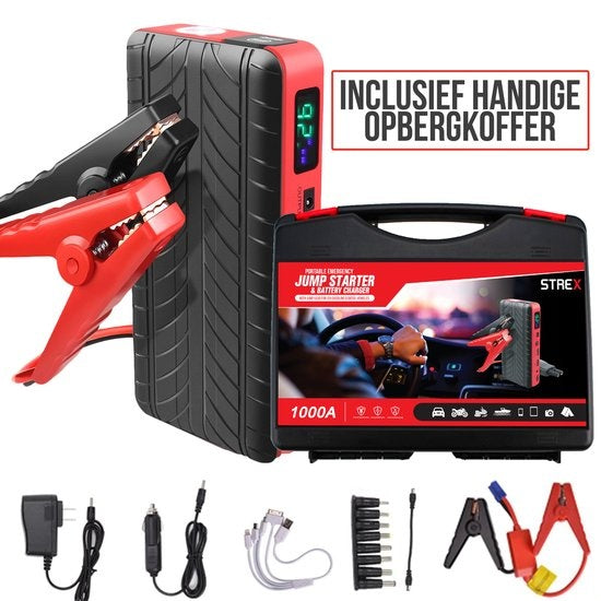 Strex 12V Jumpstarter voor Auto - 1000A / 18.000 mAh - 4-in-1 Starthulp met Powerbank, LED Zaklamp en SOS Noodlicht - In Opbergkoffer