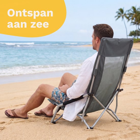 TRVLMORE Strandstoel - Inklapbaar en Opvouwbaar - 130KG Draagkracht - Lichtgewicht - Met Draagtas en Bekerhouder - Hoge Leuning - Grijs