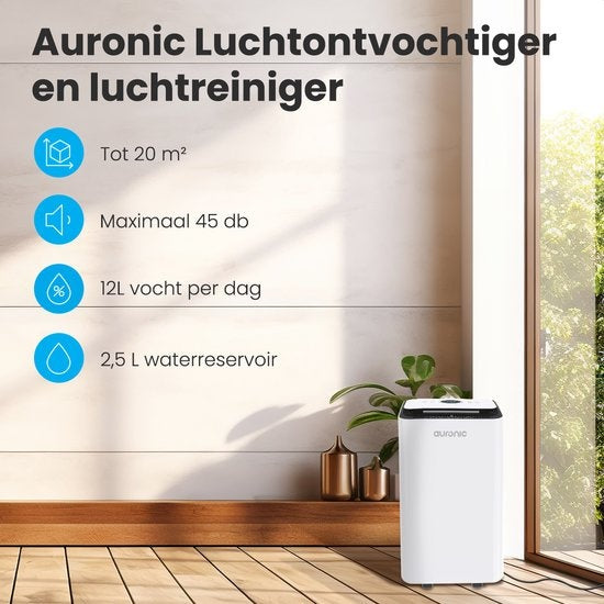 Auronic - Luchtontvochtiger 12L - Met Wasdroogfunctie, Luchtreiniger, 185W, Fluisterstil (36 dB), Geschikt voor 48 m³ - Wit
