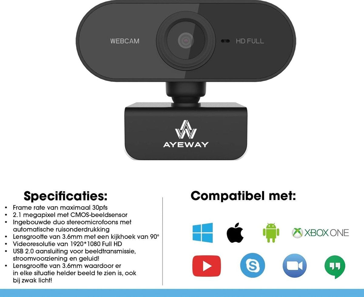AyeWay Full HD Webcam - Incl. Privacy Cover - Webcam voor PC - Werk & Thuis - Windows & Mac