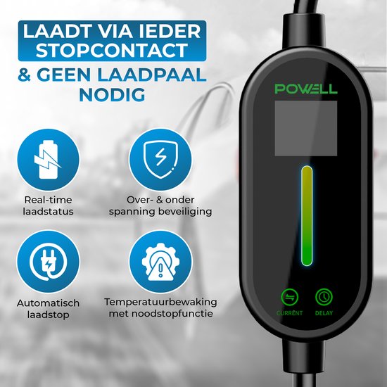 Powell Laadkabel type 2 - Mobiele Thuislader type 2 - 3,5kW - IP67 Waterdicht - 5 meter kabel - Inclusief opbergtas - Waterdicht - Zwart/Wit