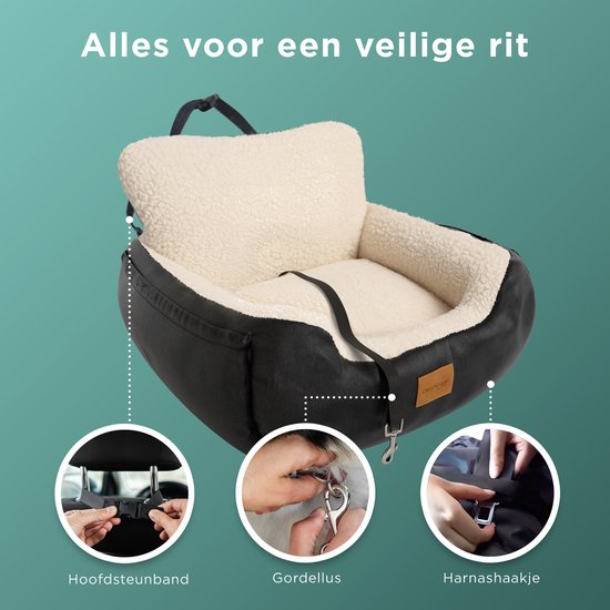 CozySense® Honden Autostoel - Hondenmand Auto voor Kleine Hond - Voorbank & Achterbank - Met Veiligheidsriem, Opbergvak & Wasbare Hoes - Zwart/Beige