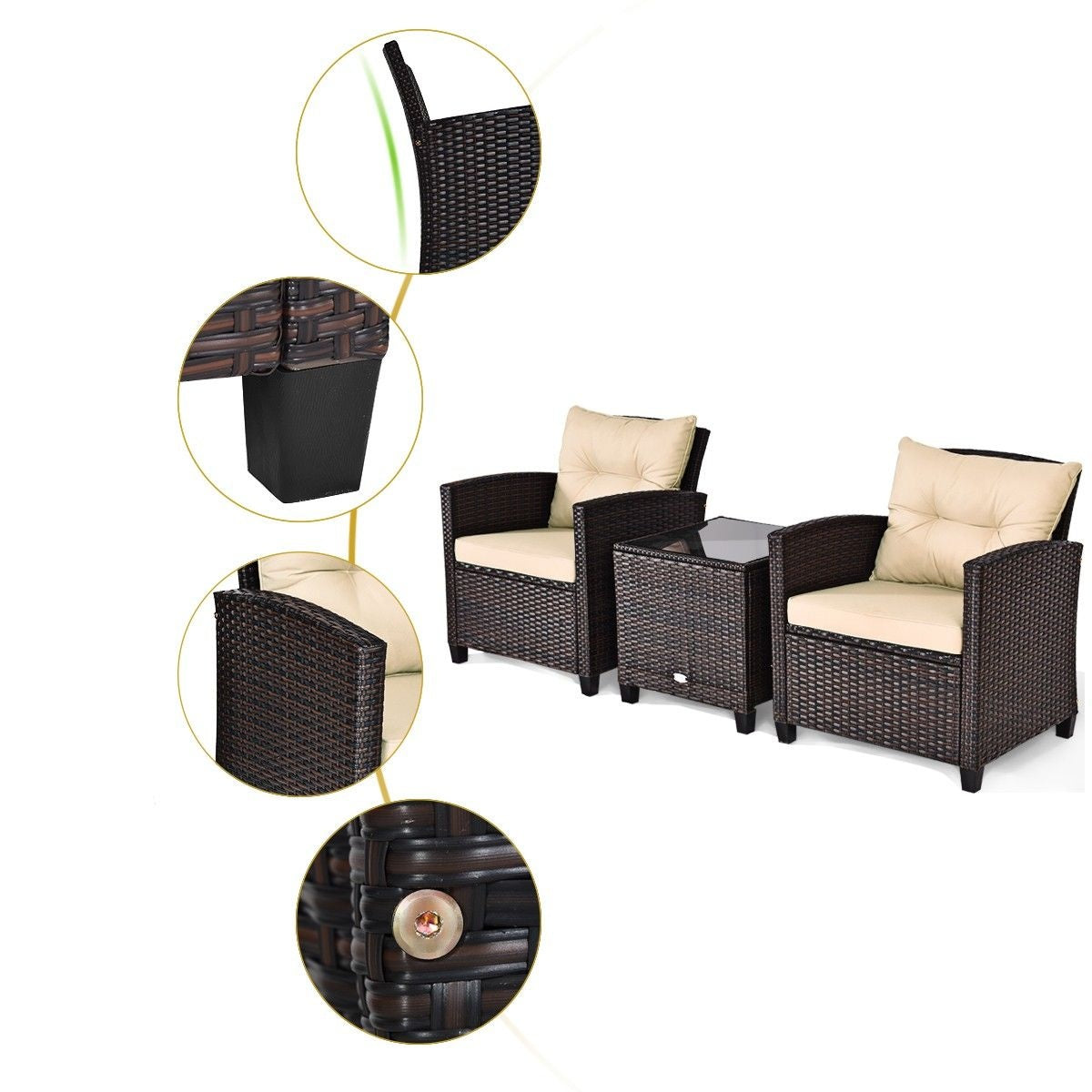 Coast 3-Delige Tuinmeubelset met Zitkussen & Salontafel - Geel + Bruin