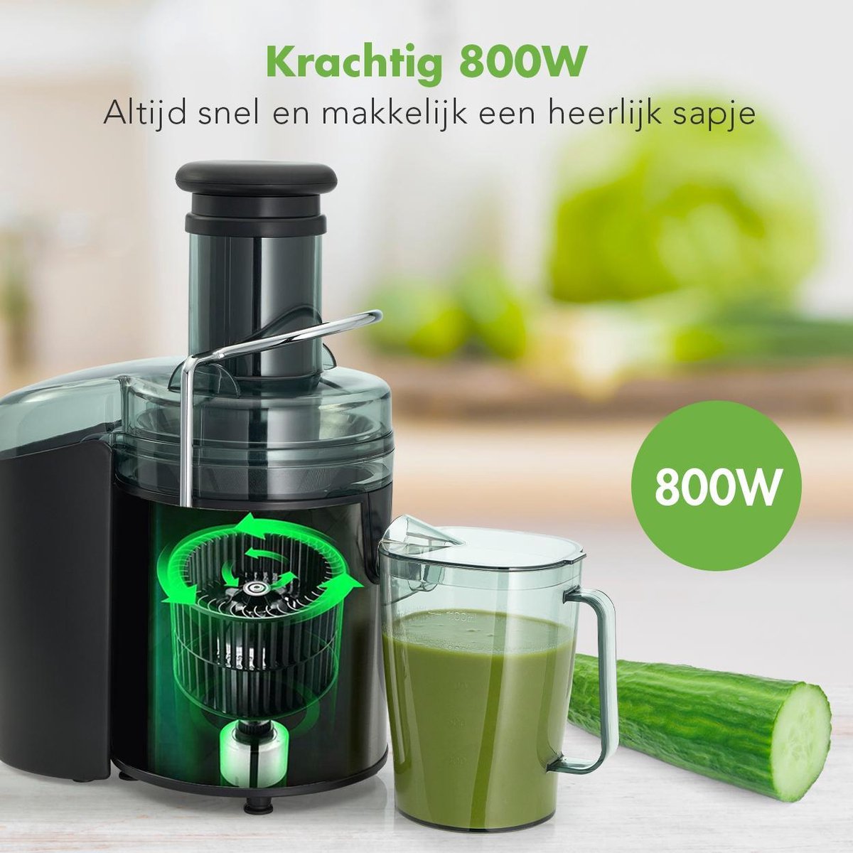 KitchenBrothers Sapcentrifuge - Voor Groenten en Fruit - 1100 ml - 800W - Zwart