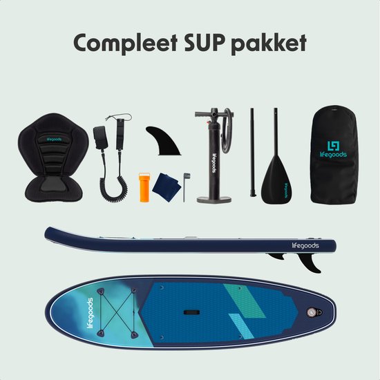 LifeGoods SUP Board Allround Compact - met Zitje - 100 KG Draagkracht - 300 x 76 cm - Opblaasbaar - Compleet SUP pakket - Blauw/Groen