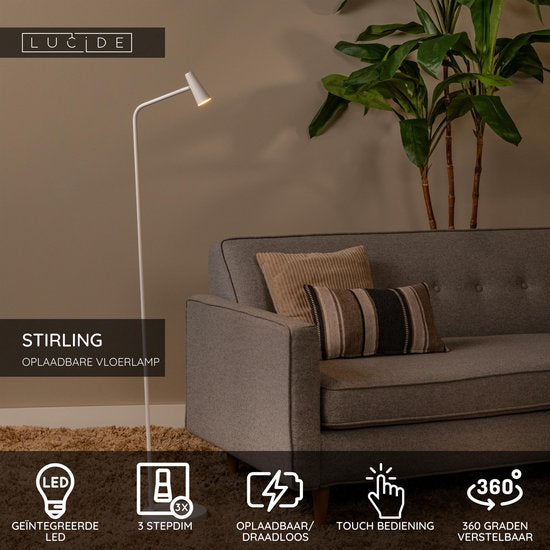 Lucide STIRLING - Oplaadbare Vloerlamp - Accu/Batterij - LED 3 StepDim - 1x3W 2700K - Wit