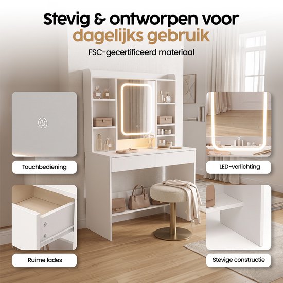 Infinity Goods Kaptafel met LED Spiegel - Make Up Tafel - Extra Veel Opbergruimte - Dimbaar - Wit