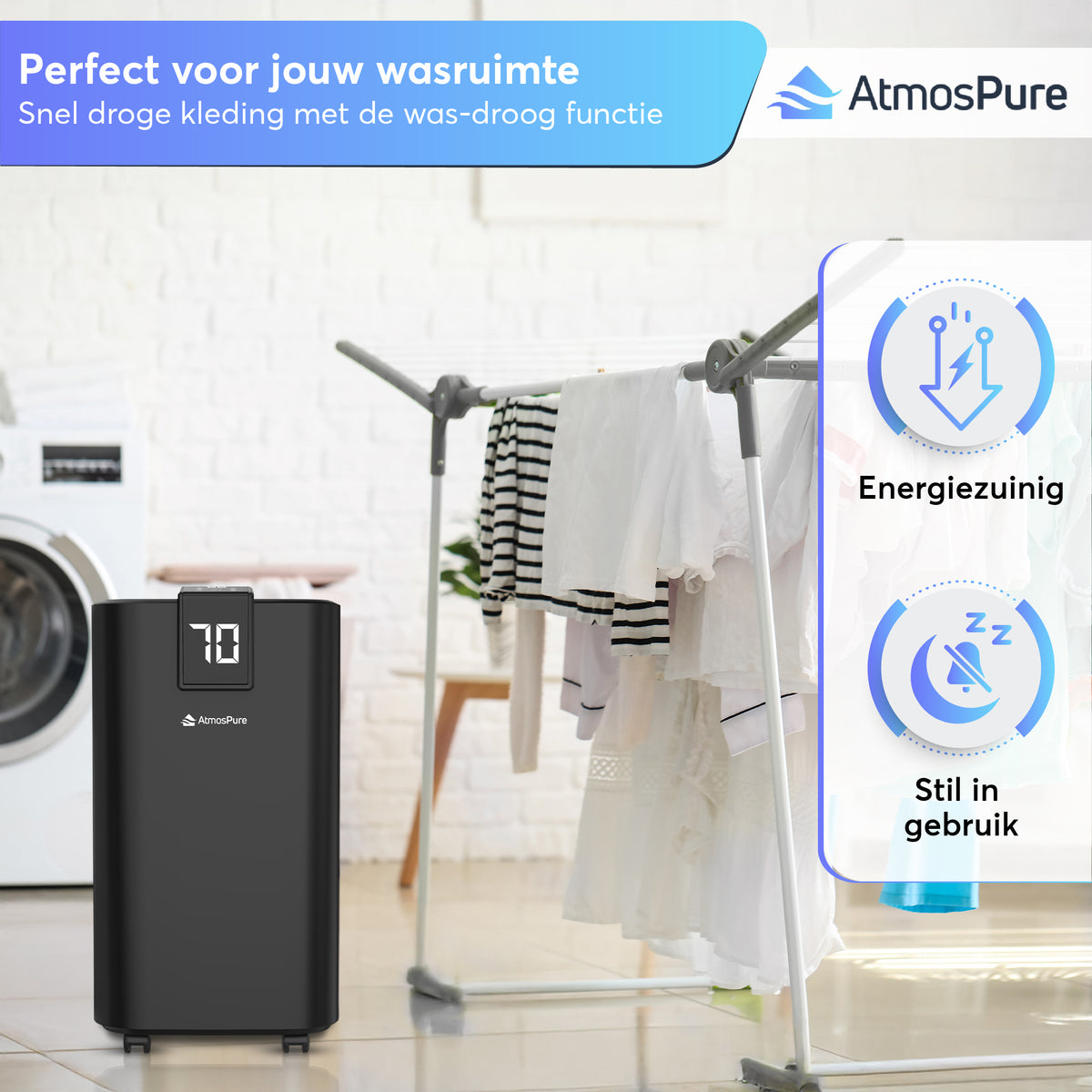 AtmosPure® Luchtontvochtiger AirDry Elite - 12L per Dag - Was-droog Functie - Luchtreiniger - Zwart