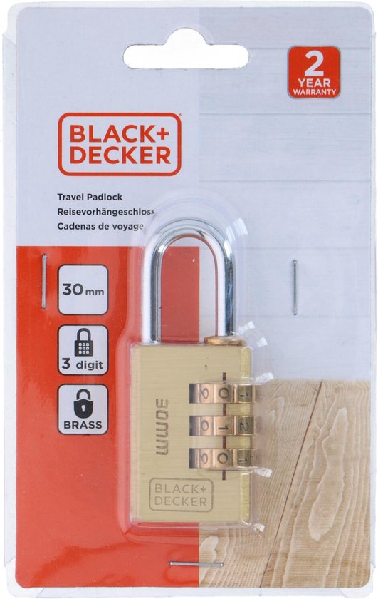 BLACK+DECKER Hangslot Cijferslot 30mm - Kofferslot met 3-Cijferige Code - Reisslot, Fietsslot en Meer - Slotje voor Buiten Gebruik - Cijfer Slot Koper - Goud