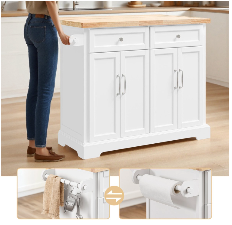 SoBuy – Keukeneiland & Keukentrolley FKW71-WN – 115x71x93 cm – Wit & Natuur Rubberwood – Uitbreidbaar Werkblad & Opbergkast – Verrijdbaar Keukenblok op Wielen – FKW71-WN