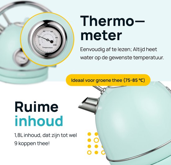 MOA Waterkoker Retro - 1,8 Liter - Elektrische Waterkoker - BPA-vrij - Anti Calcium Filter - RVS - 2200W - Pastel Groen
