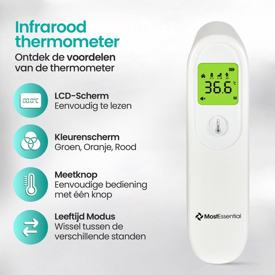 MostEssential Digitale Voorhoofd Thermometer - Temperatuurmeter - Koortsthermometer voor Volwassenen, Kinderen en Baby's - Contactloos - HW05