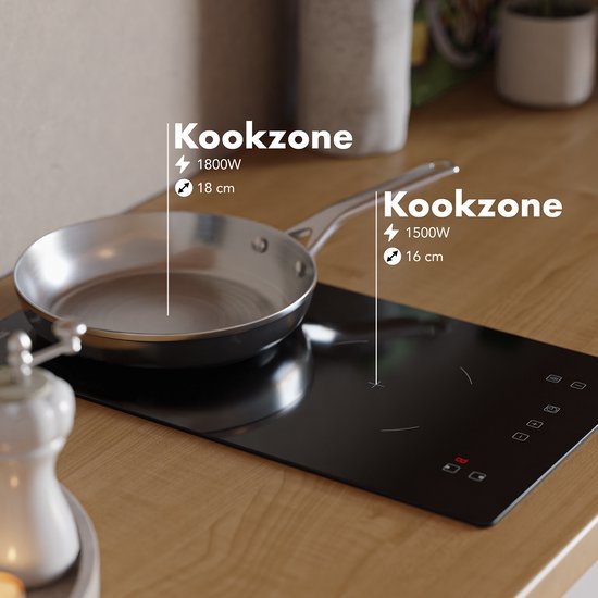 KitchenBrothers Inductie Kookplaat - Inbouw Inductieplaat - 30 cm - 2 Zones - 1 Fase - Tot 3300W - Zwart