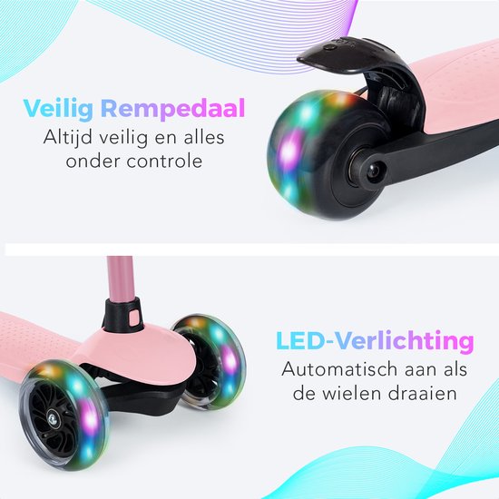 LifeGoods – Kinderstep Met 3 LED-Wielen – Geschikt Voor 2-5 Jaar & Hoogte Verstelbaar – Voorzien Van Lichtgevende Led Wielen En Voetrem – Voor Jongens En Meisjes – Pastel Roze Aluminium