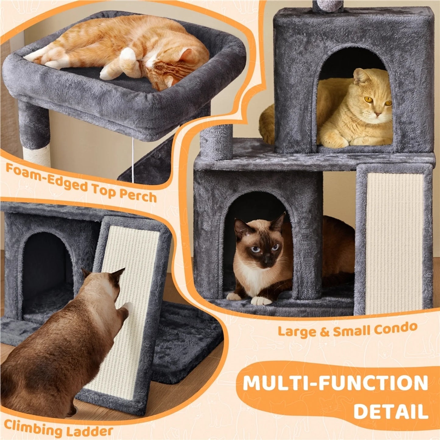 Yaheetech Krabpaal Met Twee Kattenhuisjes – Voorzien Van Uitkijkplatform En Krabplank En Sisalpaal En Speelbal – Voor 1-2 Kleine Tot Middelgrote Katten – Donkergrijs Pluche En Sisal – 60 x 45 x 106 cm