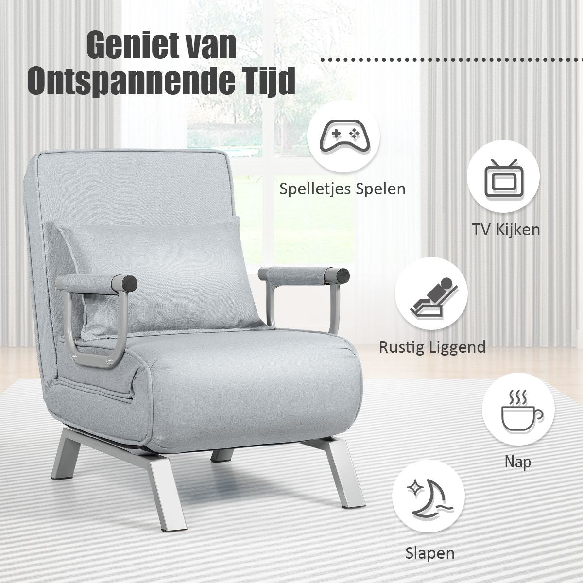 Coast Cabrio Sleep Sofa Vouwbare fauteuil Besinbedbank Bank Bed 5-Positie Liesstoel Lichtgrijs