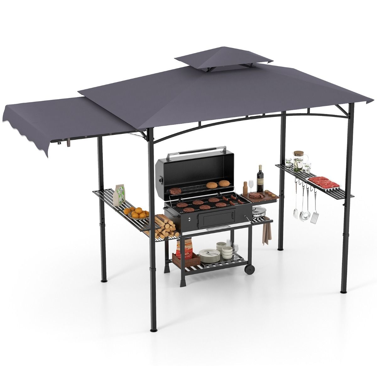 Coast Grillpaviljoen met Zijluifel en Dubbeldak 318 x 153 x 250 cm Donkergrijs – Inclusief Zijplanken en Haken