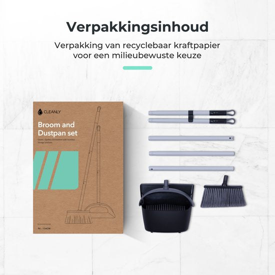 CLEANLY Stoffer en Blik met lange Steel 134 cm - Bezem voor Binnen en Buiten - Innovatieve Borstelvezels - Zwart, Grijs