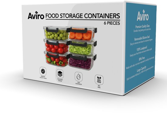 Aviro Vershoudbakjes Glas - 6 Stuks - Meal Prep Bakjes - Vriezer, Magnetron & Oven Bestendig - BPA Vrij - Luchtdicht - 1L