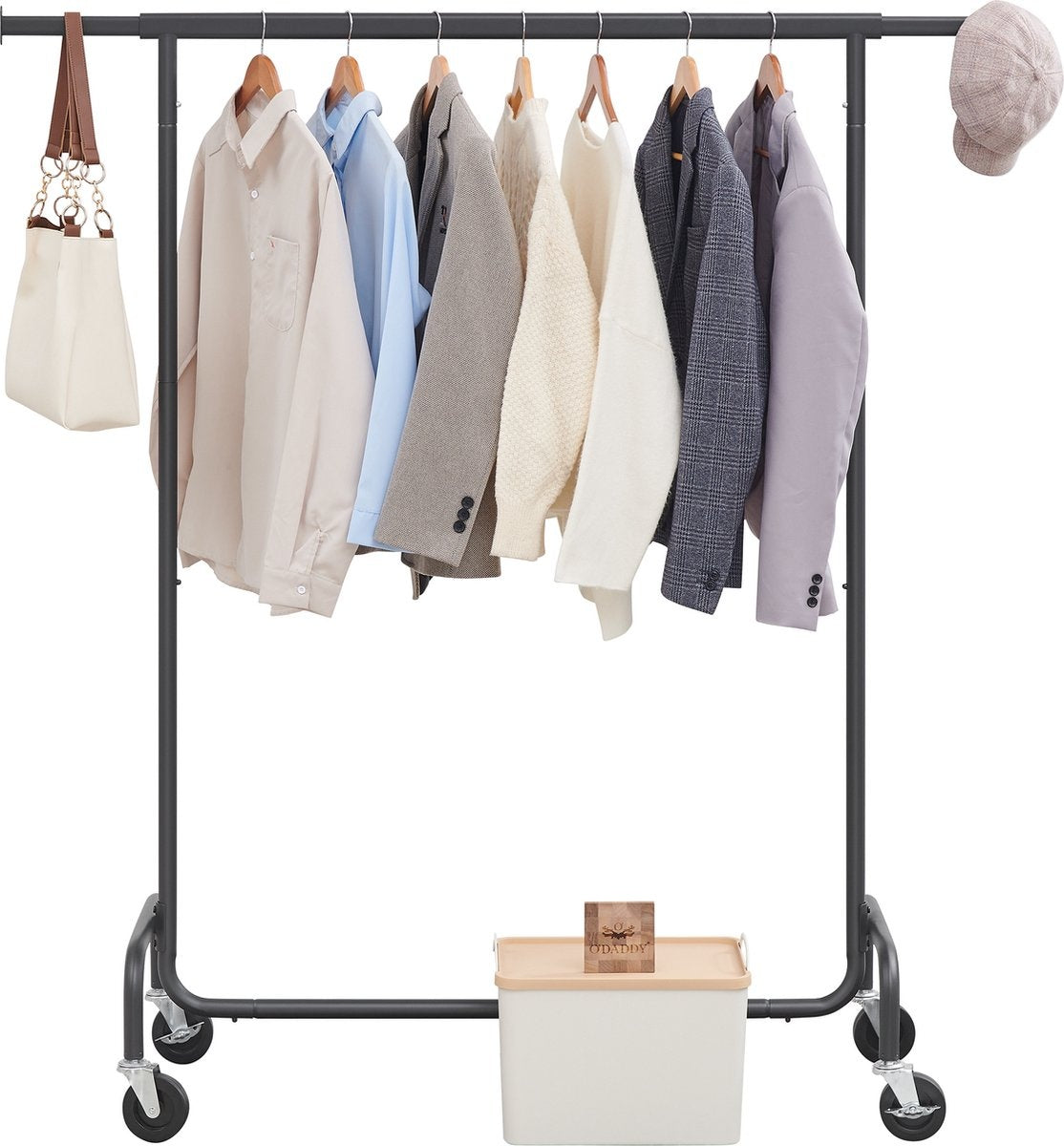 O'DADDY® Kledingrek op wieltjes - Garderoberek - Uitschuifbare Hangstang - Stevig Ontwerp - Stabiel tot 130kg- Metaal - Zwart