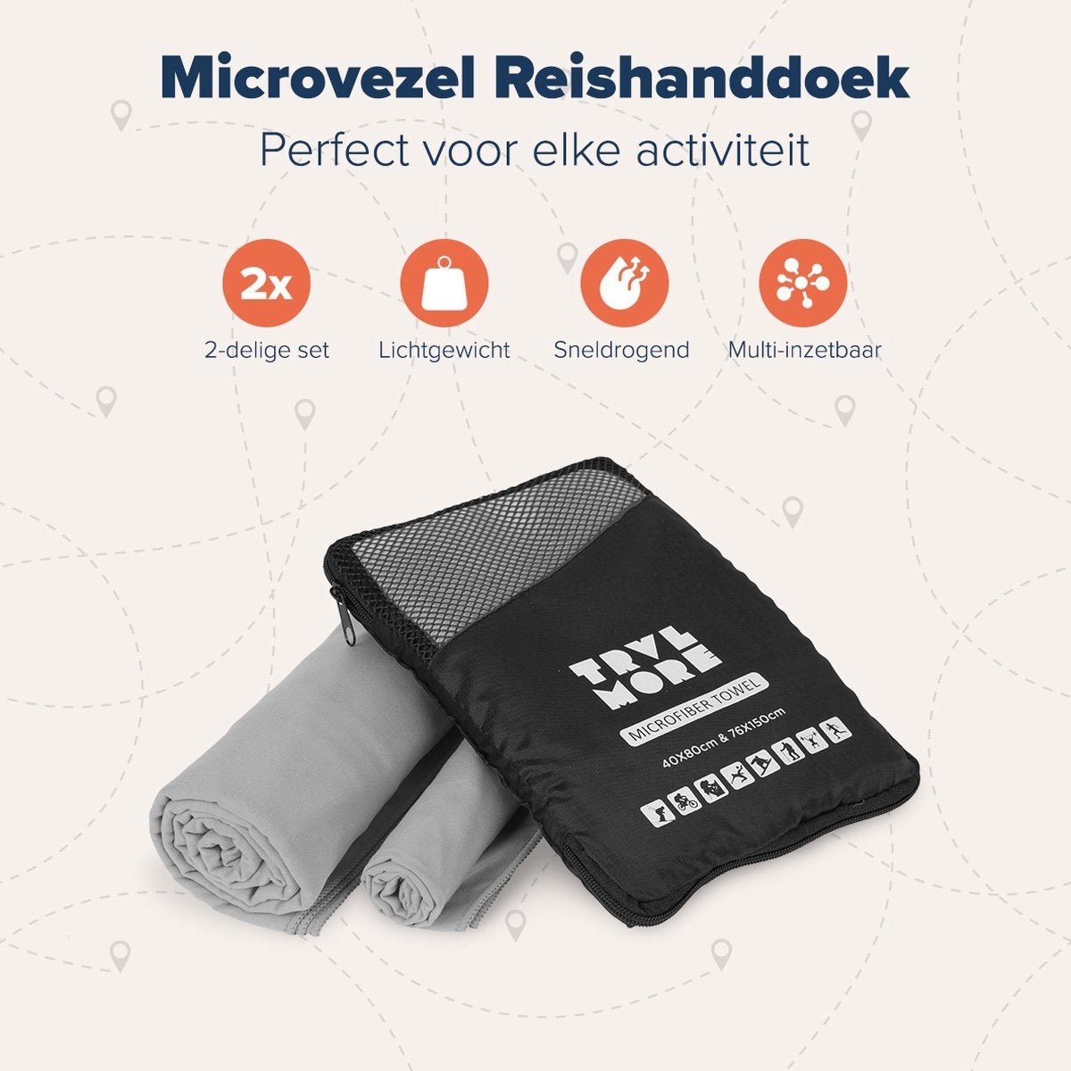 TRVLMORE Microvezel Reishanddoek Set - 2 Stuks - Small (40 x 80 cm) & Large (76 x 150 cm) - Microvezel - Grijs