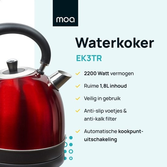 MOA Waterkoker Retro - 1.8L - RVS - BPA vrij - 2200W - Elektrische Waterkoker- Rood