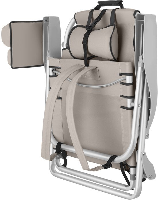tectake® Strandstoel Coral - Opvouwbare Campingstoel met Koeltas en Opbergtas - 5-voudig Verstelbare Rugleuning met Hoofdkussen - Brede Armleuningen met Bekerhouder / Telefoonhouder - Inklapbare Kampeerstoel - Beige