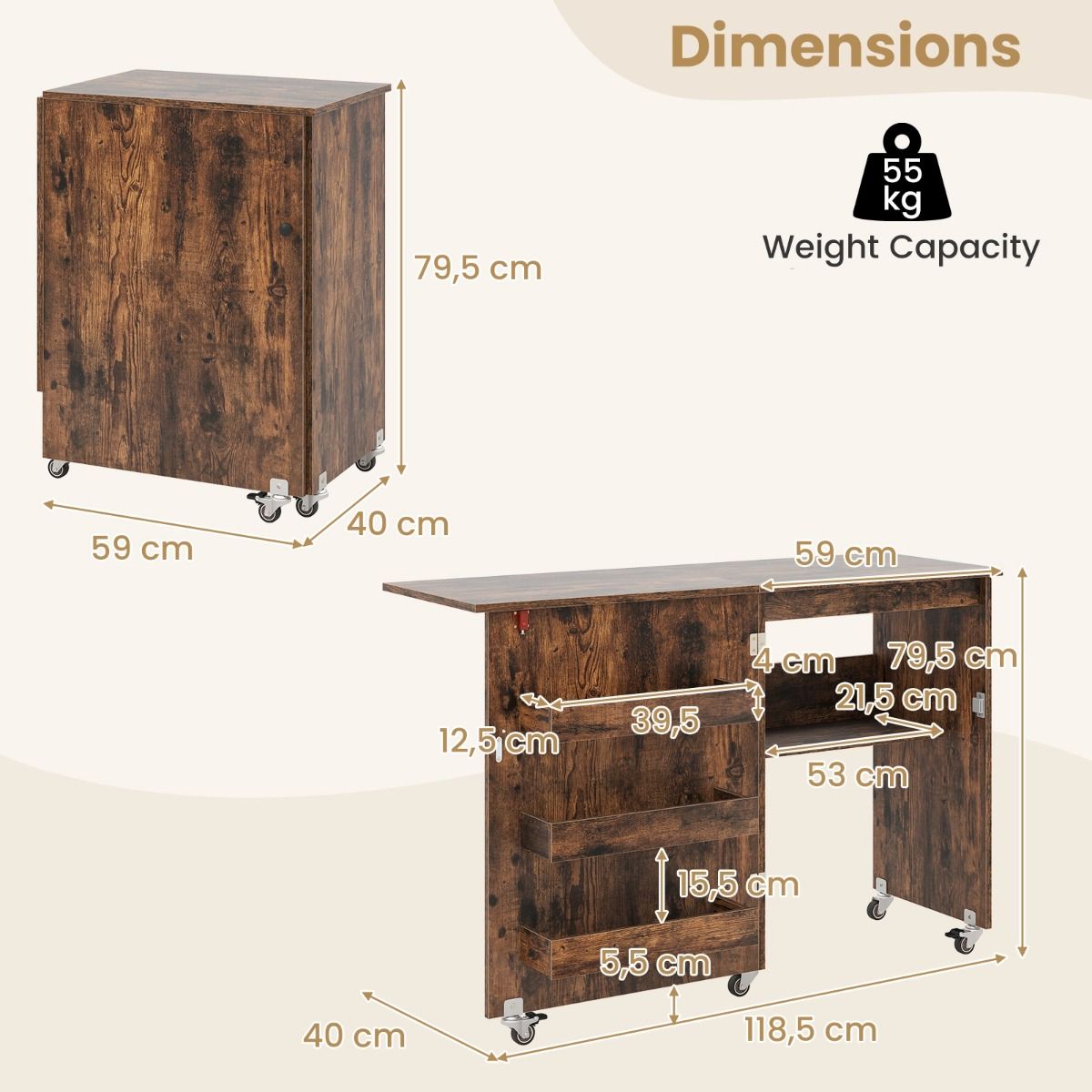 Coast Opvouwbare Naaitafel - Mobiel Knutselstation - Met Opbergrek en Verborgen Opbergvakken - Groen 118,5 x 40 x 79,5 cm