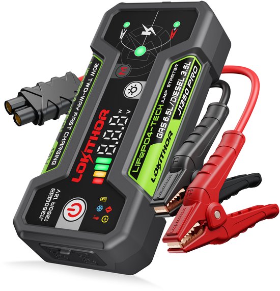 Lokithor Jumpstarter J1350 PRO - 12V 1350A LiFePO4 - Powerbank 30W - Voor Auto, Benzine tot 6,5L & Diesel tot 3,5L - LED Zaklamp