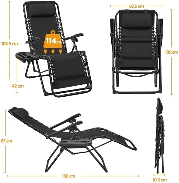 Yaheetech Zero-Gravity Ligstoel - Verstelbare Rugleuning & Hoofdkussen - Opvouwbaar - 166 x 63,5 x 67 cm - Donkergrijs