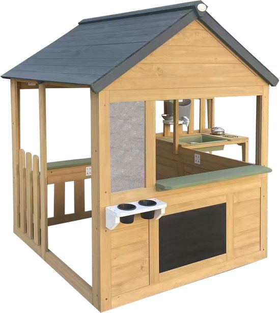 AXI Lizz Speelhuis Bruin/antraciet – Houten Speelhuisje met Speelkeuken, Krijtbord, Spiegel, Bloempotten en accessoires – FSC hout – Tuinhuisje voor Kinderen – 10 jaar garantie