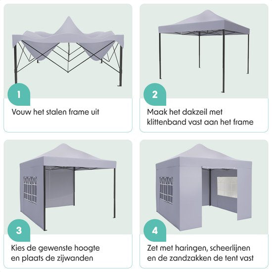 LifeGoods Partytent - Paviljoen - Easy Up - Opvouwbaar - Met Zijwanden - Waterdicht - Met Draagtas Met Wieltjes - 292 x 292 cm – Donkergrijs
