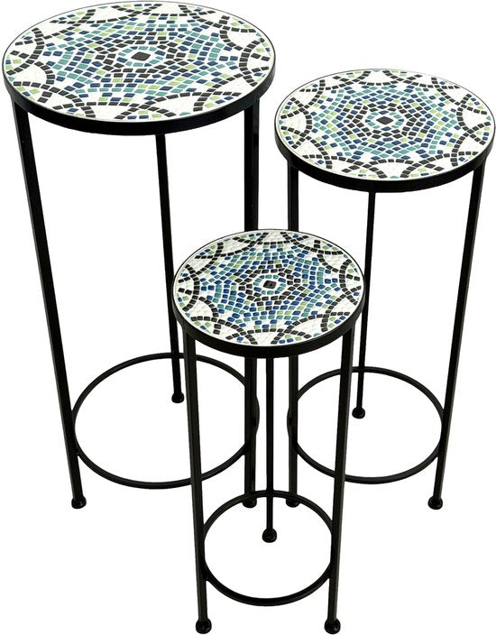 AXI Lola Mozaïek Plantentafel Rond Multikleur - Set 3 stuks – Bijzettafels - Diverse Afmetingen - Mozaïeklook – Ingelegd met keramische tegels – Voor binnen, tuin, terras en balkon
