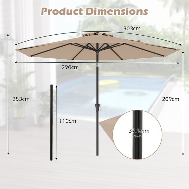 Coast Terrasparasol 303 cm Bruin – Kantelbare Parasol met Zwengel & 8 Baleinen Dubbelgelaagd voor Tuin, Terras & Zwembad