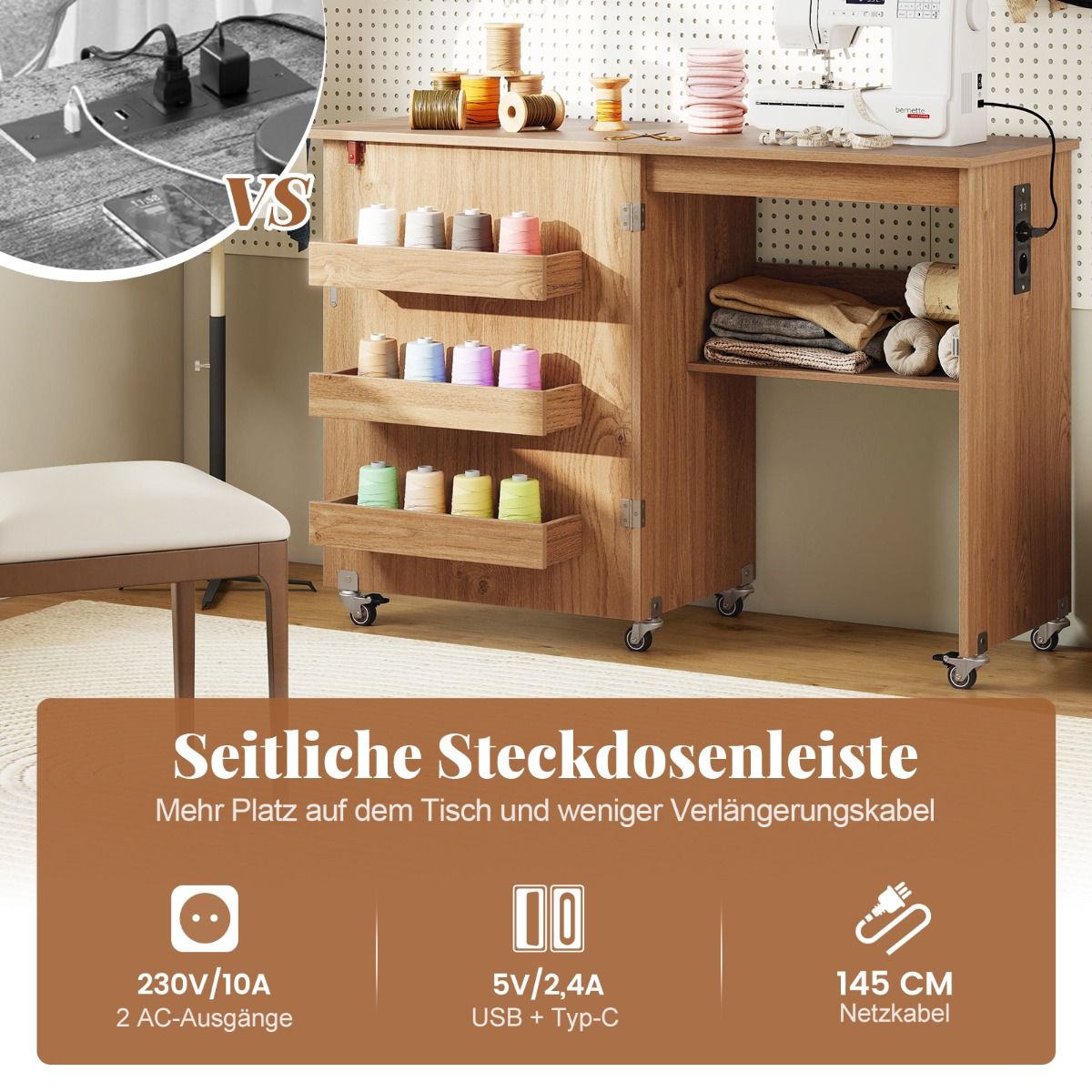 Coast Opvouwbare Naaikast - 2-in-1 met ladestation en opbergrekken - natuur
