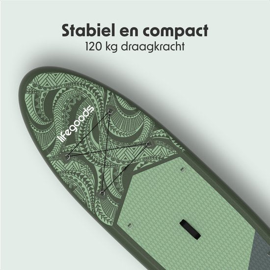 LifeGoods SUP Board Allround Compact - 100 KG Draagkracht - 300 x 76 cm - Opblaasbaar - Compleet SUP pakket - Groen/Legergroen