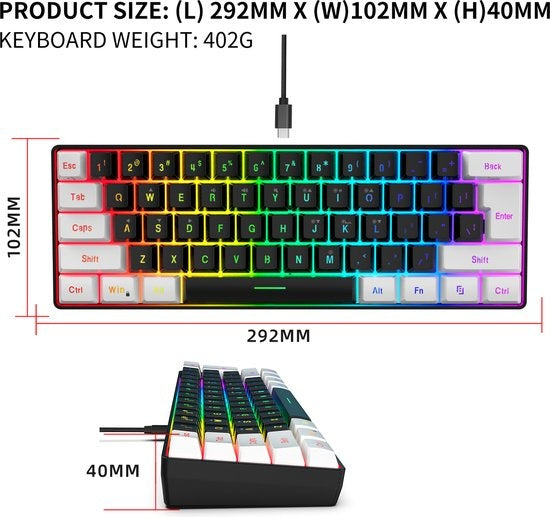 HXSJ V700 RGB Compact Gaming Toetsenbord Qwerty 61 toetsen met achtergrondverlichting Zwart/Wit