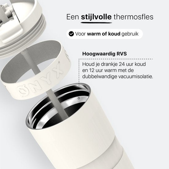ONYX Drinkfles met Rietje 700ML - Waterfles voor Kinderen & Volwassenen - Thermosbeker RVS Travel Mug - Motiverende Drinkbus - Drinkbeker voor School - Coco White