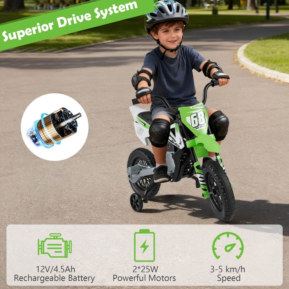 Coast Elektrische Kinder Motorfiets - muziek en Bluetooth - afneembare zijwieltjes - groen