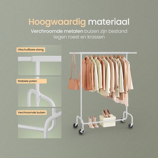 O'DADDY® Kledingrek op 4 Grote Wielen - Tot 130 Kg Draagvermogen - Verstelbaar en Uitschuifbaar - Roestbestendig Verchroomd Metaal - Eenvoudige Montage - Wit