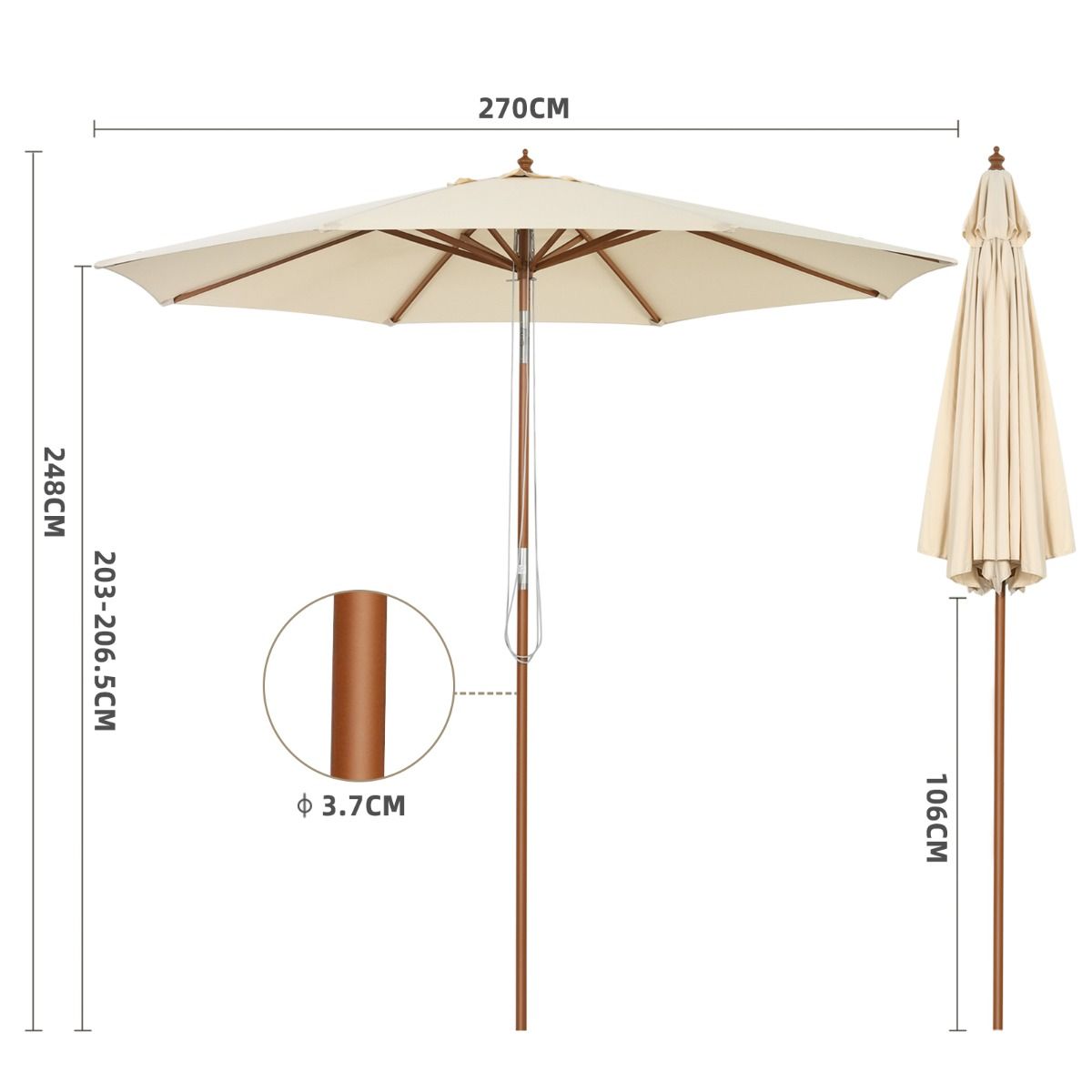 Coast Parasol met 8 Baleinen Kantelbaar - Beige - 300 cm